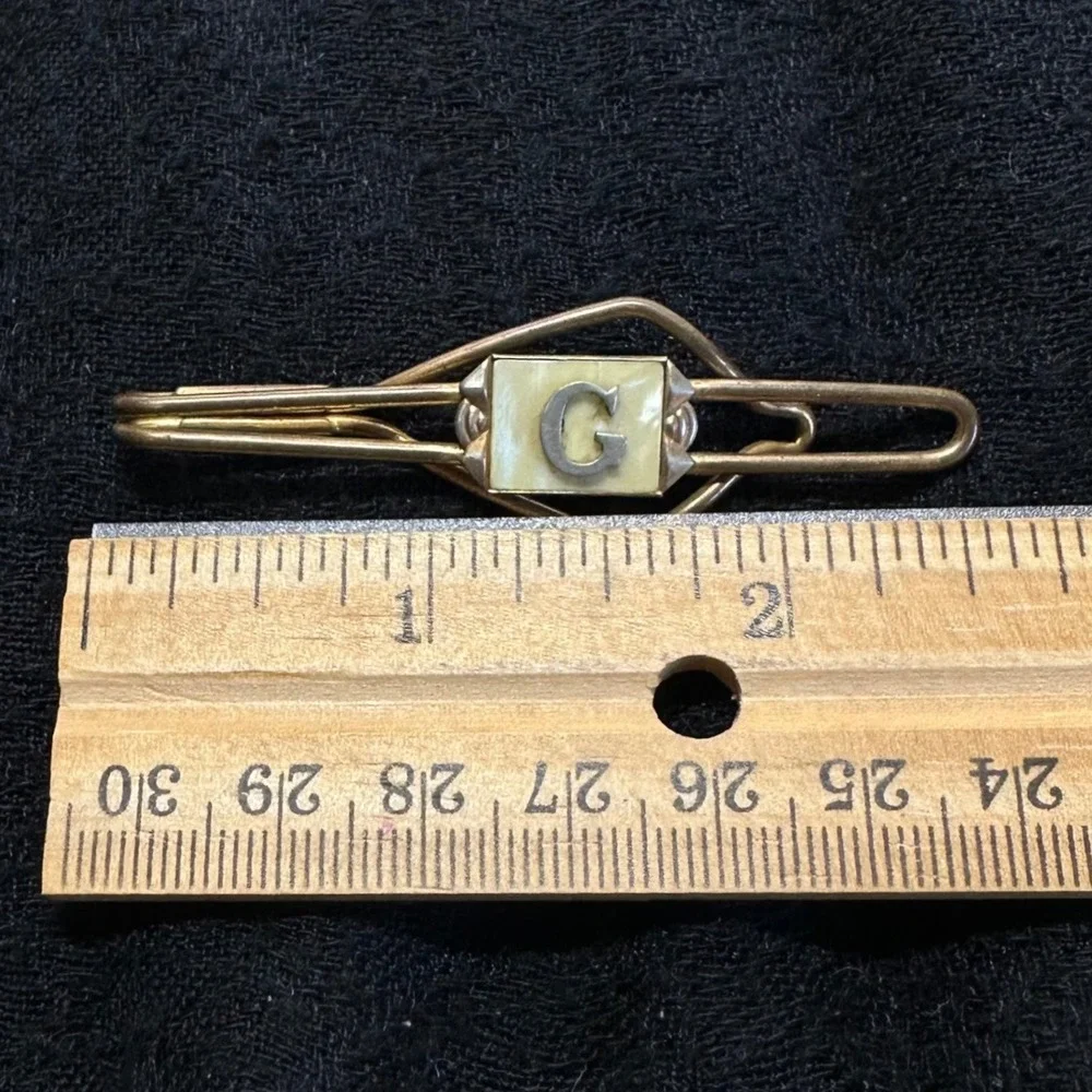Vintage Initial G Tie‎ Clip Gold Tone Mother of Pearl Mens Monogram Bar